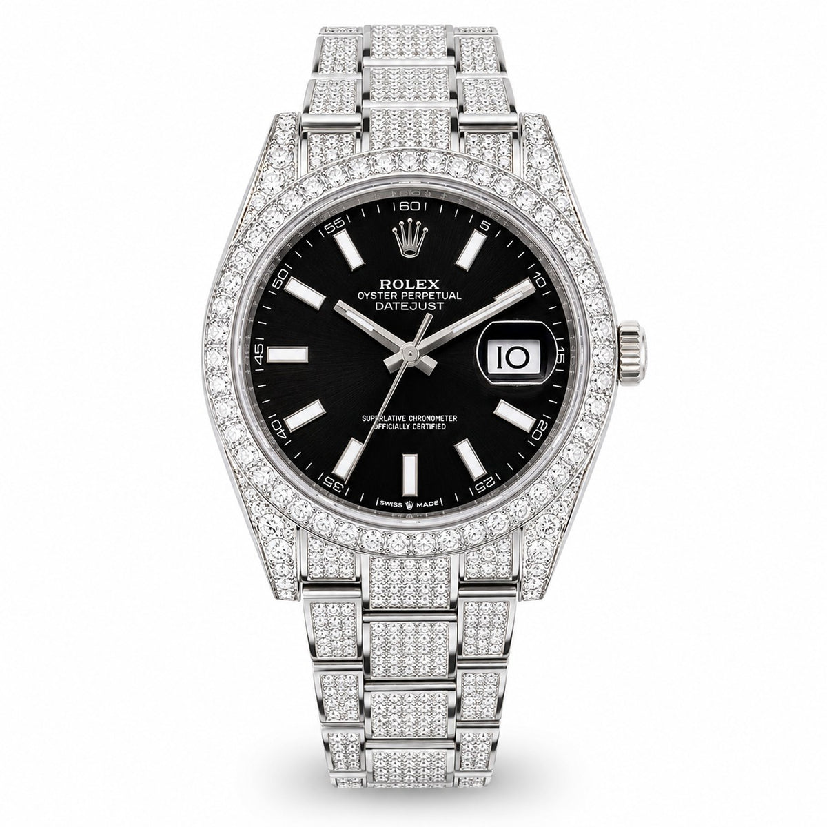 Rolex Oyster Perpetual Datejust watch with a black dial and a silver-toned bracelet and case fully paved with diamonds.