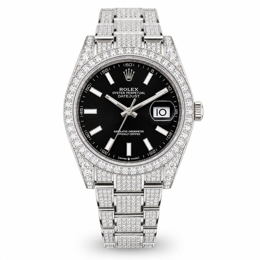 Rolex Oyster Perpetual Datejust watch with a black dial and a silver-toned bracelet and case fully paved with diamonds.