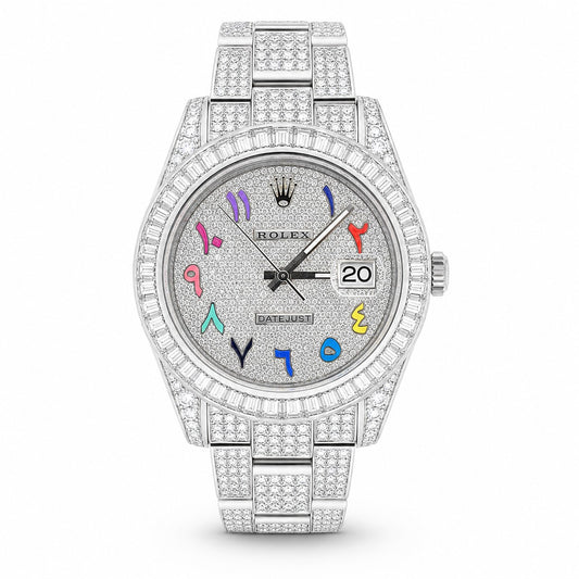 A Rolex Datejust watch with a silver-toned diamond-encrusted case and bracelet, featuring colorful Arabic numeral hour markers on the dial.