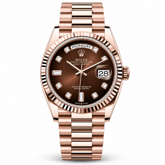 Rolex Day State watch with a rose gold jubilee bracelet and a brown dial, featuring diamond hour markers and a day/date display window.