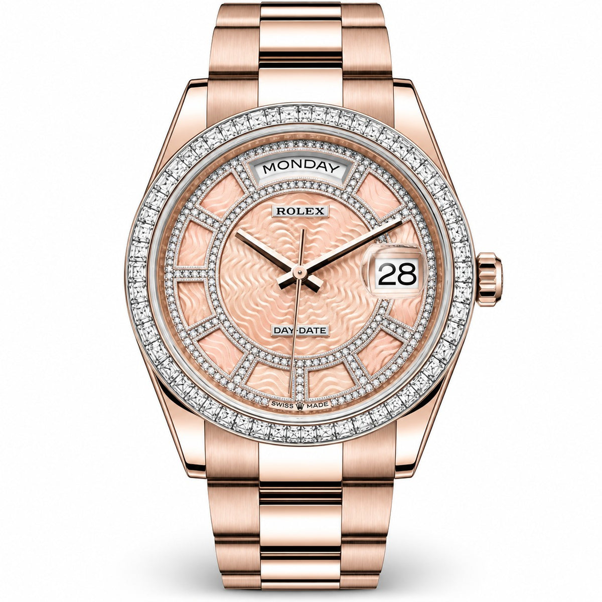 Rolex Day Date watch with a rose gold-tone metal case and bracelet, a pink wavy dial, and a diamond-encrusted bezel.