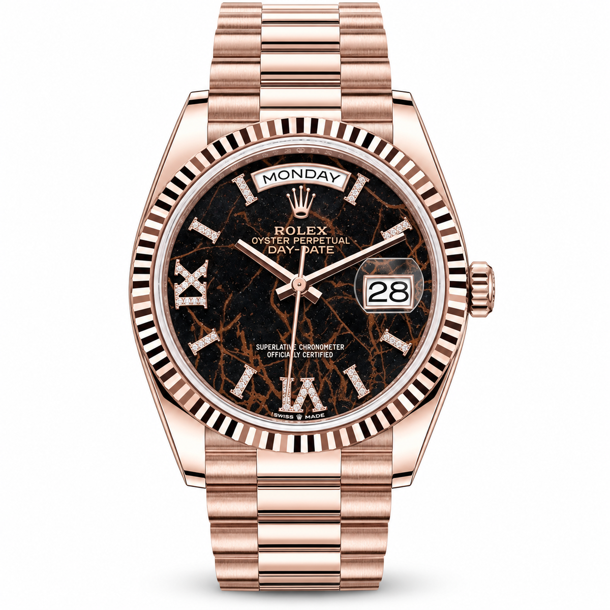 Rolex Day Date wristwatch with a rose gold-tone metal case and bracelet, featuring a black and brown marble-patterned dial with Roman numerals and a day-date window.