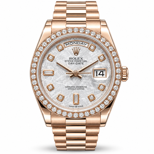 Rolex Oyster Perpetual Day-Date watch with a rose gold case, diamond-set bezel, and a textured white dial.