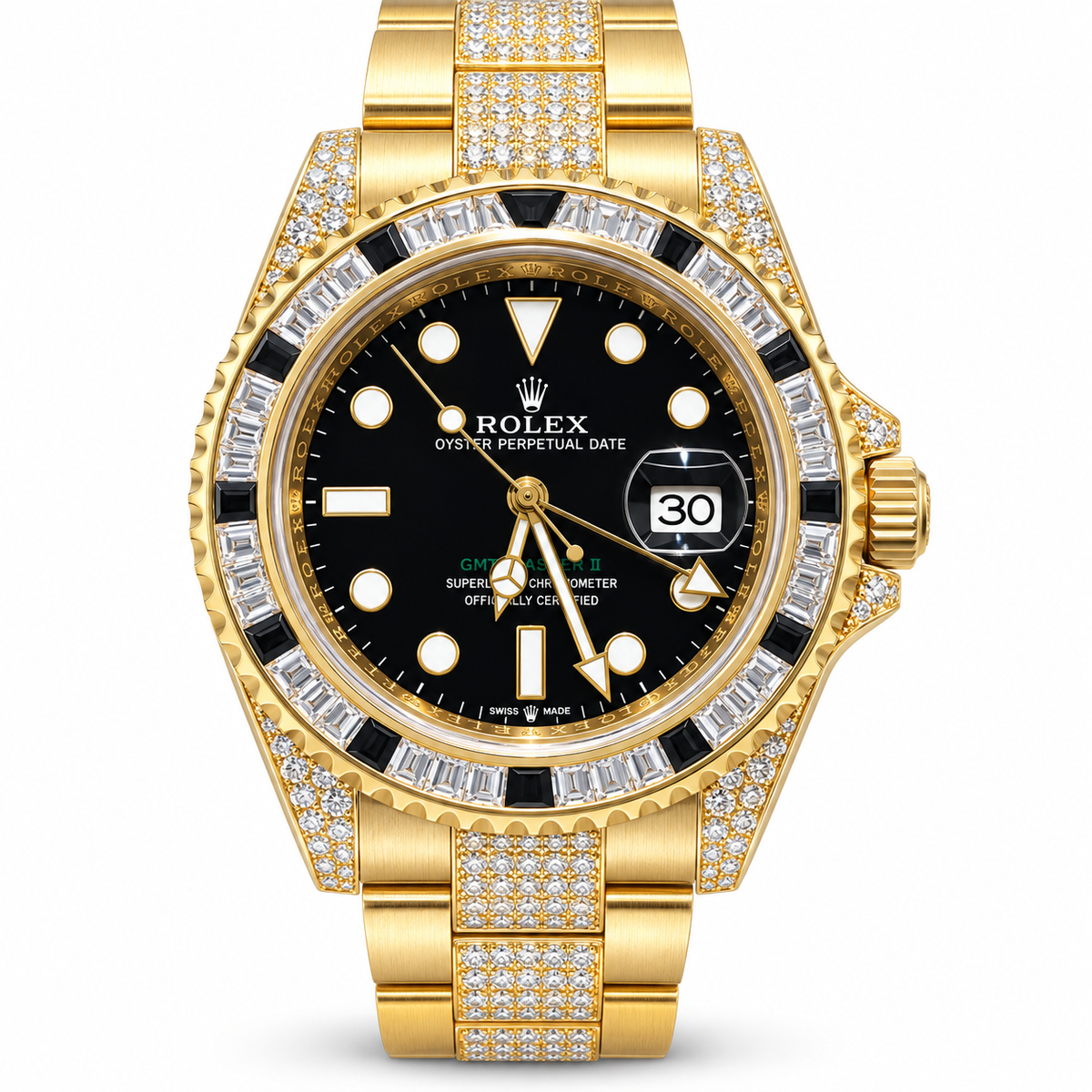 A luxury gold-tone Rolex watch with a black dial, diamond-encrusted bezel and bracelet, and a date window.