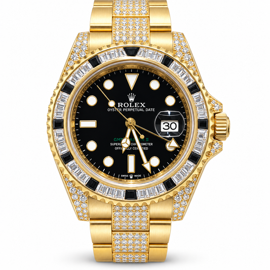 A luxury gold-tone Rolex watch with a black dial, diamond-encrusted bezel and bracelet, and a date window.