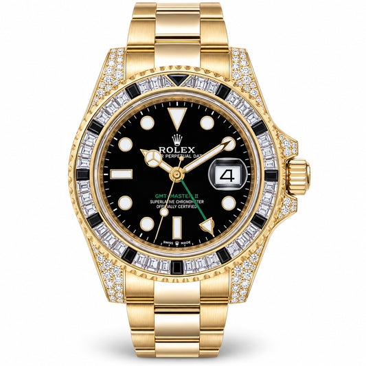 Rolex GMT Master II watch with a gold-tone Oyster bracelet, black dial, diamond-encrusted bezel, and a black bezel with gold and silver hour markers.