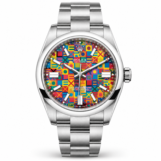 Rolex Datejust watch with a stainless-steel Oyster bracelet and a vibrant multicolor dial featuring a patchwork pattern of red, yellow, blue, and orange flags with white hour markers.