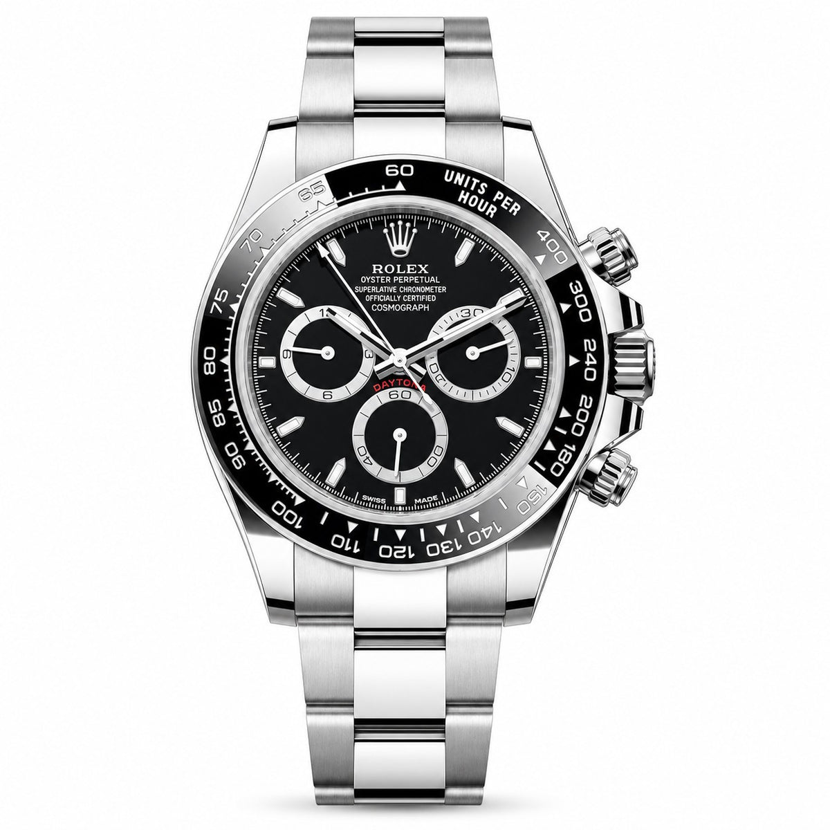 Rolex Cosmograph Daytona stainless steel watch with black dial, silver chronograph subdials, black ceramic tachymeter bezel, luminous hour markers, and stainless steel Oyster bracelet.