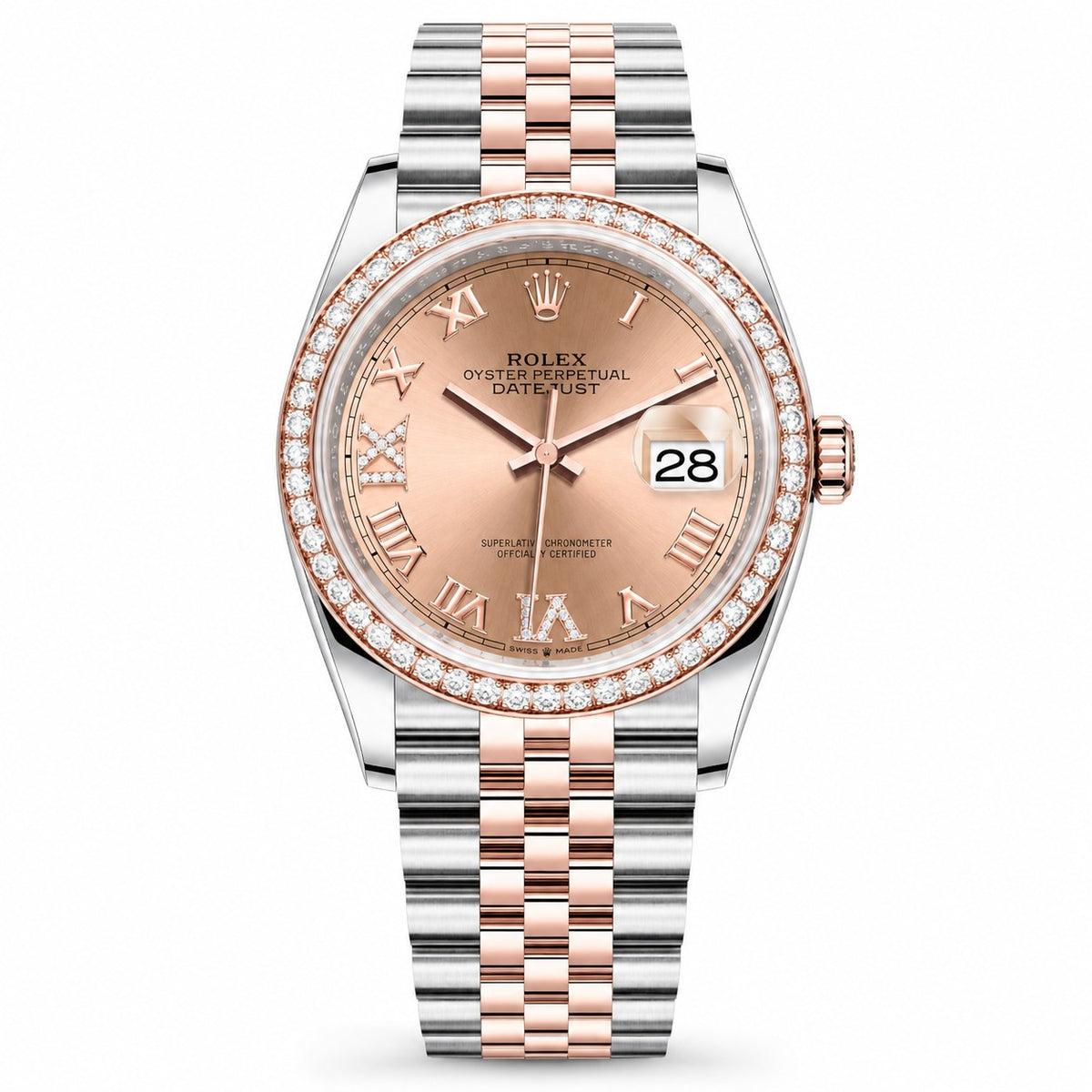 Rolex Oyster Perpetual Datejust watch with a two-tone stainless steel and rose gold bracelet, a rose gold dial with Roman numerals, and a diamond-encrusted bezel.