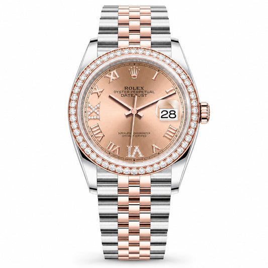 Rolex Oyster Perpetual Datejust watch with a two-tone stainless steel and rose gold bracelet, a rose gold dial with Roman numerals, and a diamond-encrusted bezel.
