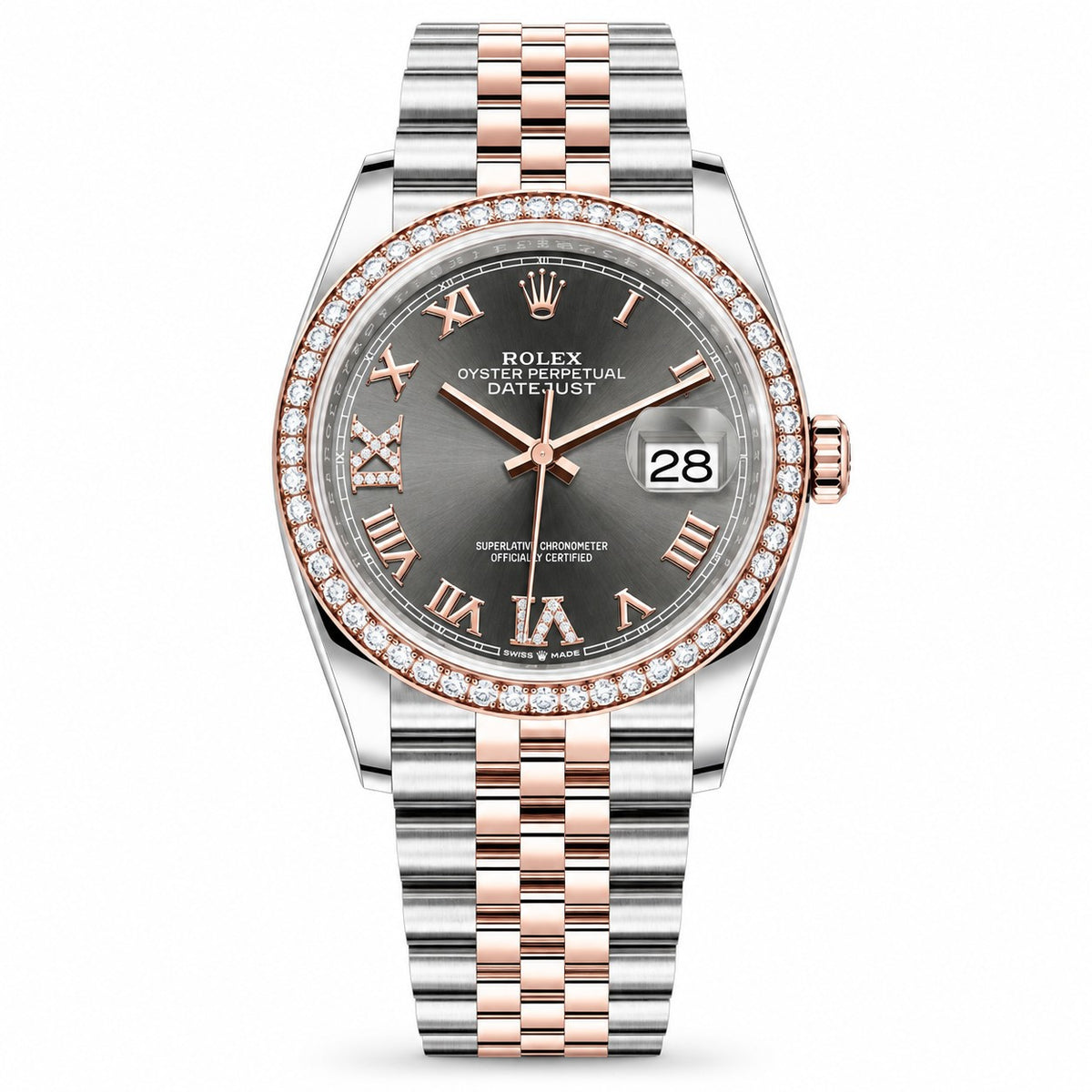 Rolex Oyster Perpetual Datejust watch with a two-tone stainless steel and rose gold jubilee bracelet, a dark gray dial, and a diamond-encrusted bezel.