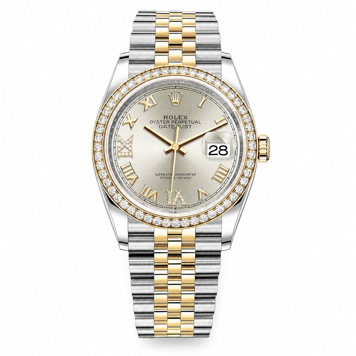 Rolex Datejust two-tone stainless steel and yellow gold watch with silver dial, gold Roman numeral hour markers, diamond-set bezel, date display with Cyclops lens, and Jubilee bracelet.