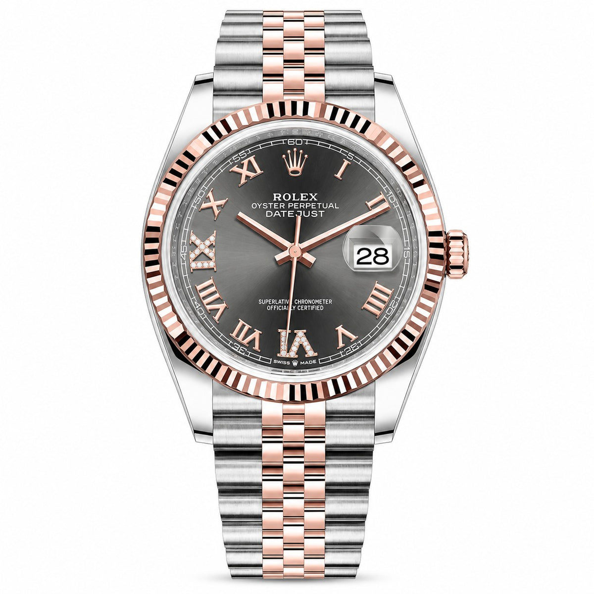 Rolex Datejust wristwatch with a two-tone stainless steel and rose gold Oyster bracelet, a fluted rose gold bezel, and a dark gray dial with Roman numerals.