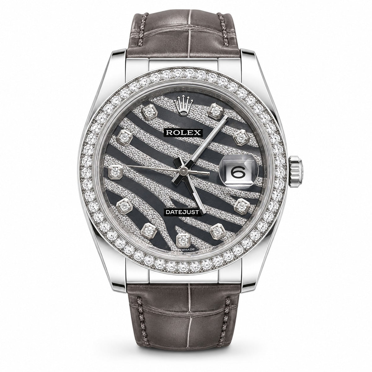 Rolex Datejust watch with a zebra-patterned dial, diamond-set bezel and hour markers, and a brown leather strap.