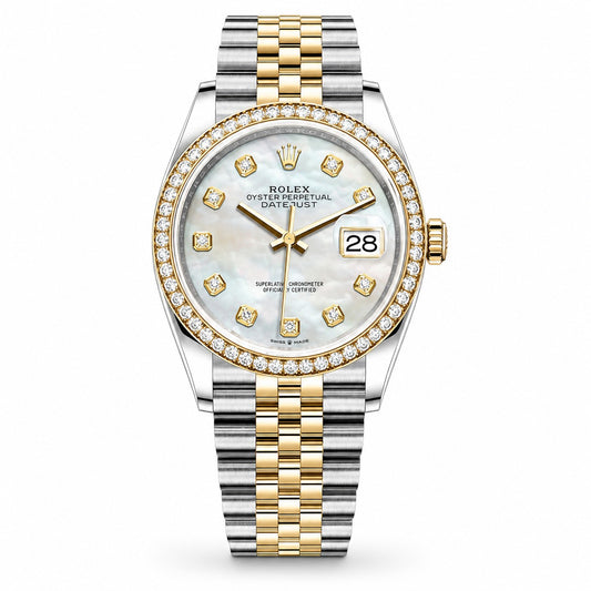 Rolex Oyster Perpetual Datejust watch with a two-tone silver and gold stainless steel bracelet, a gold bezel with diamond accents, and a white mother-of-pearl dial.