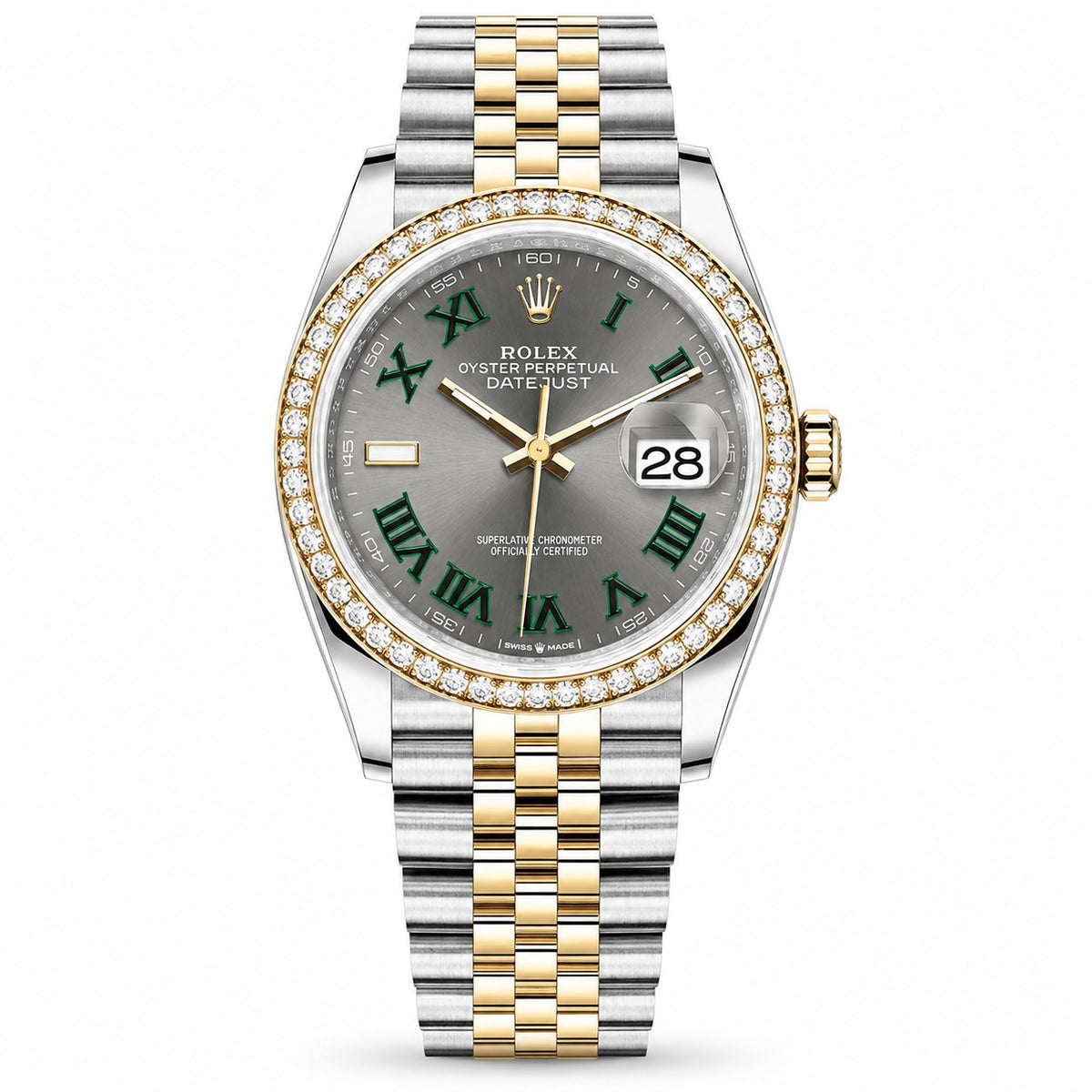 Rolex Datejust two-tone stainless steel and yellow gold watch with grey diamond-set dial, green Roman numeral hour markers, diamond-set bezel, date display with Cyclops lens, and Jubilee bracelet.