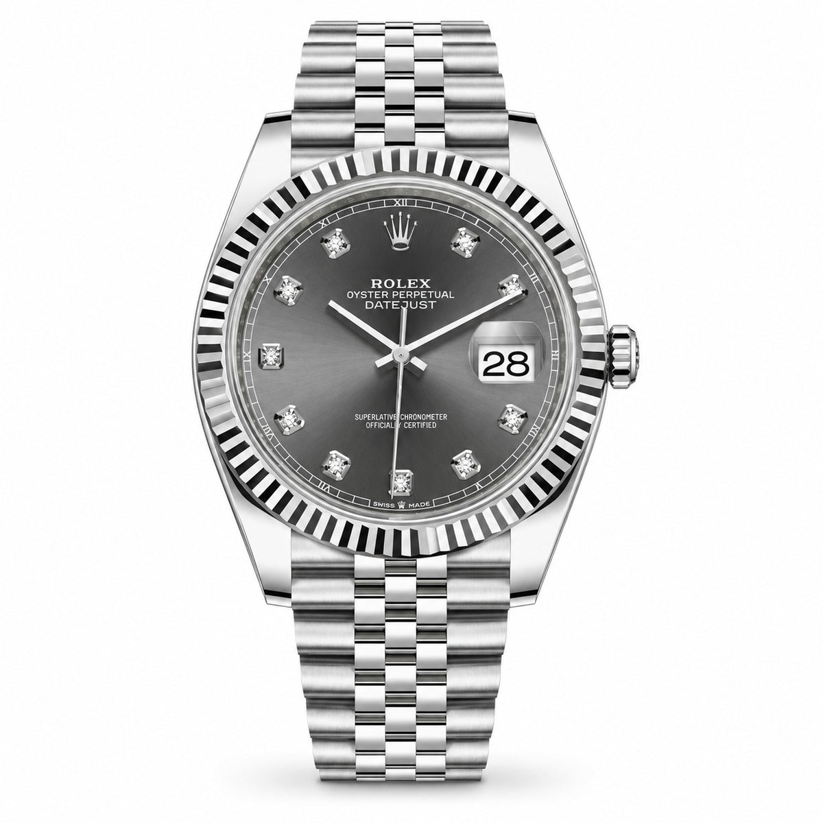 Rolex Oyster Perpetual Datejust watch with a silver-tone stainless steel fluted bezel, silver Oyster bracelet, and a dark gray dial with diamond hour markers and a date window.