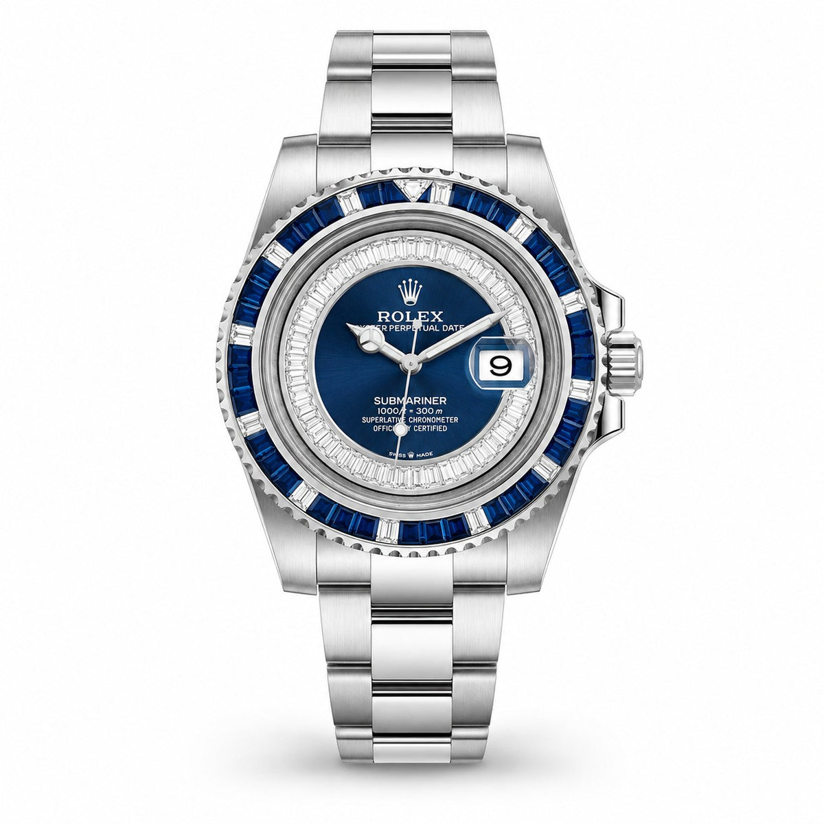 Rolex Submariner Date watch with a stainless-steel Oyster bracelet, a blue dial, and a bezel set with blue sapphires and diamonds.