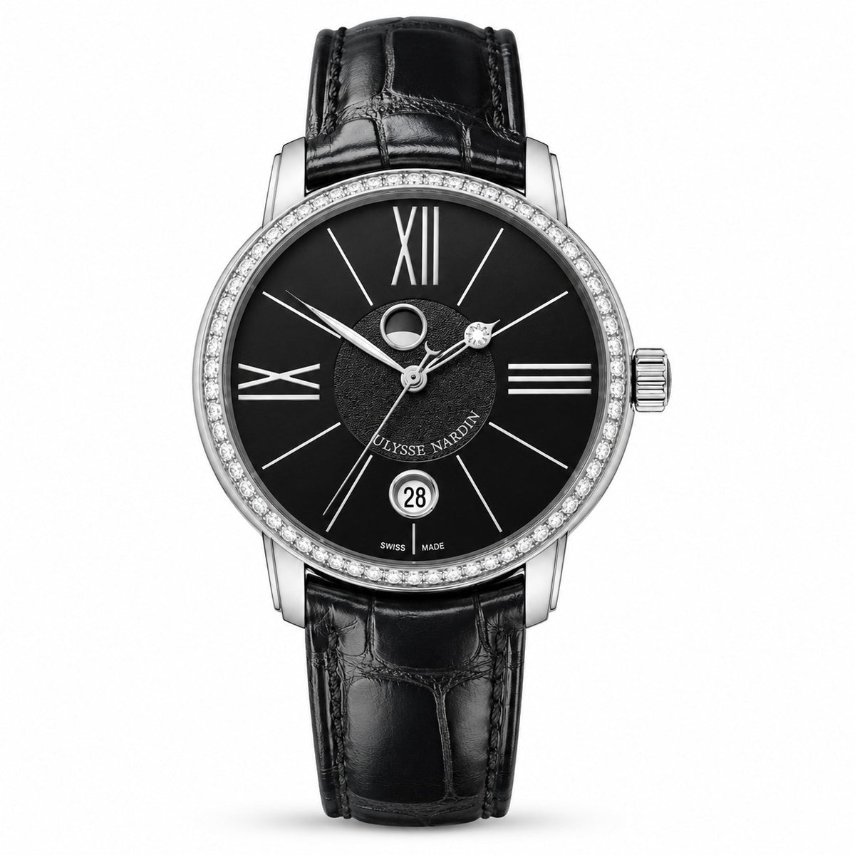 A luxury wristwatch with a black dial, silver-tone case, diamond-encrusted bezel, and a black alligator leather strap.