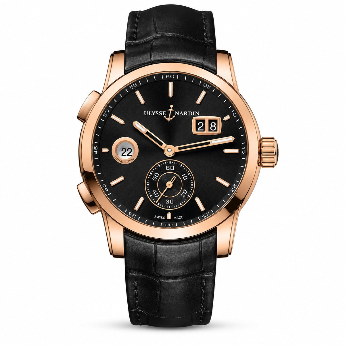 A Ulysse Nardin wristwatch with a black dial, black leather strap, and a rose gold case.