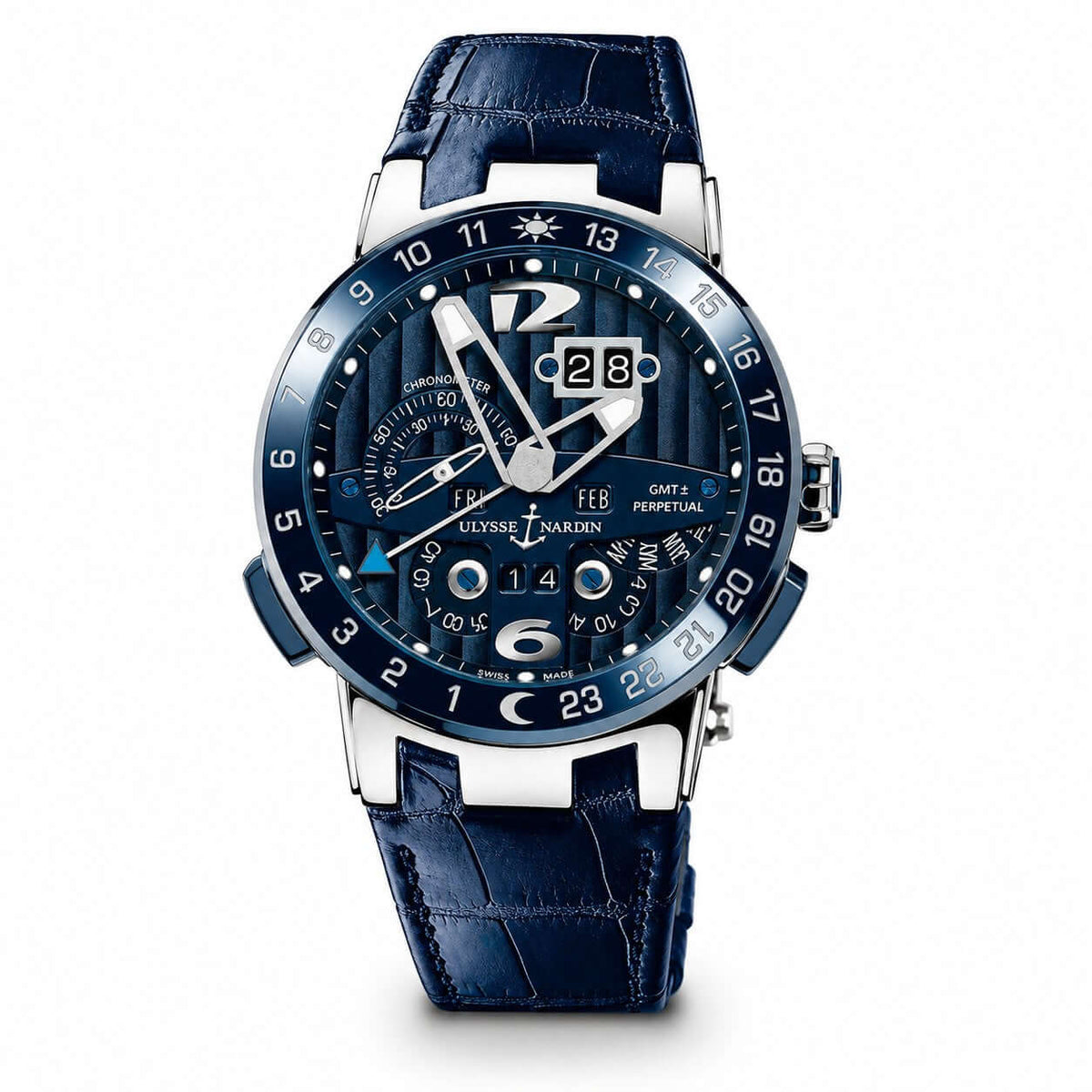 A luxury wristwatch by Ulysse Nardin, featuring a dark blue alligator leather strap, a blue dial with silver-tone hands and indices, and a silver-tone case.