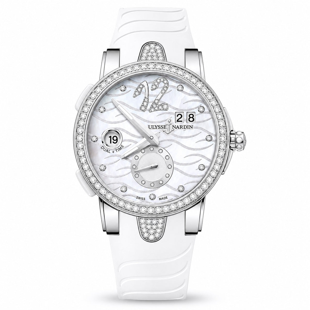 A luxury Ulysse Nardin watch featuring a white textured dial, a bezel encrusted with clear crystals, and a white rubber strap.