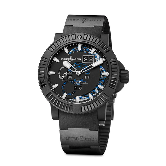 Ulysse Nardin watch with a black and blue openwork dial, silver tone hands and hour markers, large date display, black case and black rubber strap.