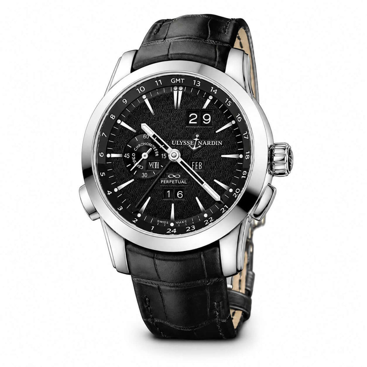 A luxury wristwatch by Ulysse Nardin featuring a polished silver-tone stainless steel case, a black dial with white luminous markers and hands, and a black alligator-embossed leather strap.