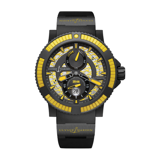 Ulysse Nardin watch with a black and yellow skeleton dial, yellow hands and bezel accents, two subdials, date display and black rubber strap.