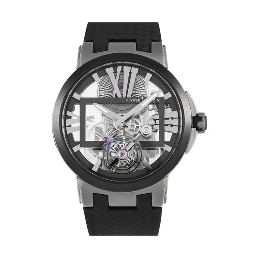 Ulysse Nardin skeleton watch with exposed gears, a tourbillon at 6 o’clock, silver tone hands and hour markers, black bezel and black textured strap.