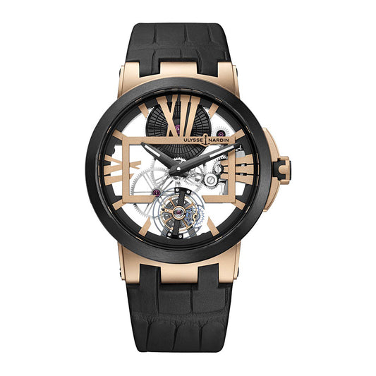 Ulysse Nardin skeleton watch with exposed gears, gold tone hour markers and case, black hands and bezel, and a black leather strap.