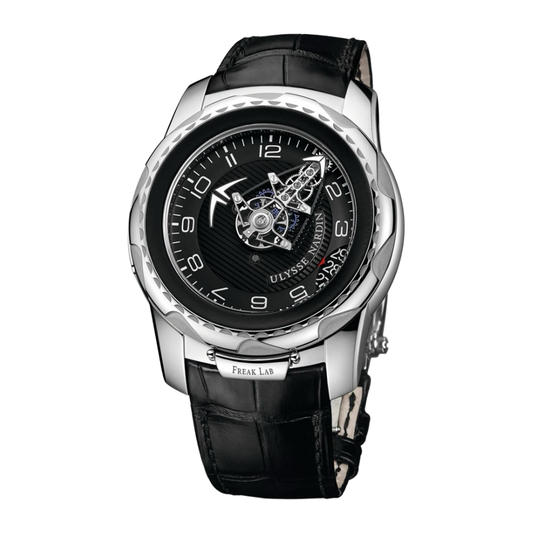 Ulysse Nardin FreakLab watch with a black dial, exposed central mechanism, silver tone Arabic numerals and case, and black leather strap, shown at an angle.