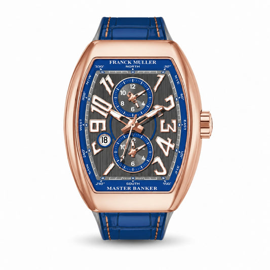 FRANCK MULLER Master Banker, 18K Rose gold, Sunburst Grey with blue chapter ring dial