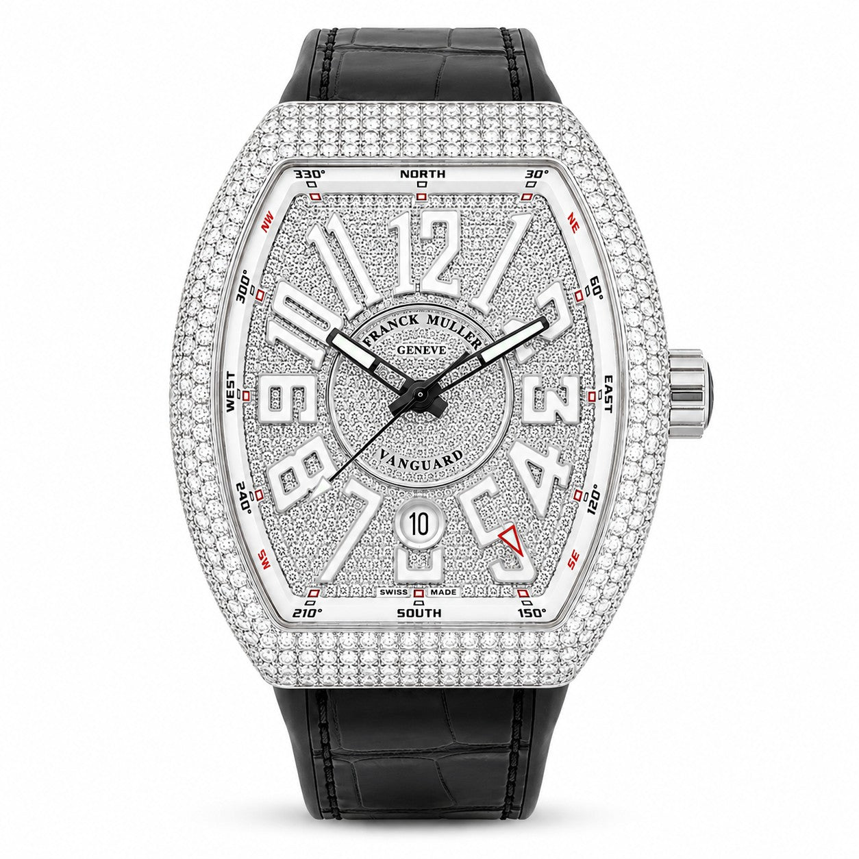FRANCK MULLER Vanguard Automatic, Full diamond bezel, Black Leather Strap
