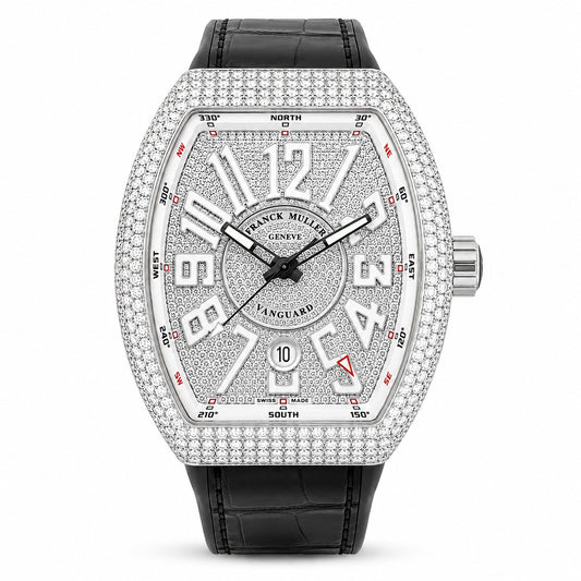FRANCK MULLER Vanguard Automatic, Full diamond bezel, Black Leather Strap