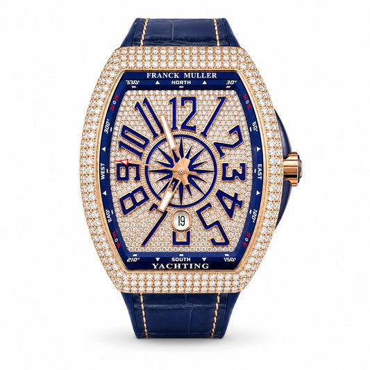 FRANCK MULLER Vanguard Yachting, 18k Rose Gold Diamond Set with Blue dial lining