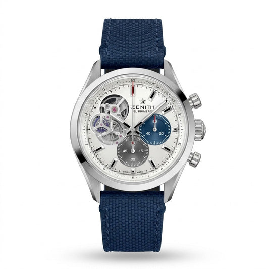 Zenith Chronomaster Open stainless steel chronograph watch with white dial, open-heart display, blue and grey subdials, and blue textile strap.