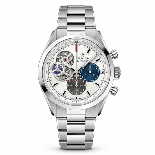 Zenith Chronomaster Open stainless steel chronograph watch with white dial, open-heart display, blue and grey subdials, and steel bracelet.