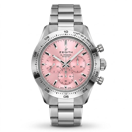 Zenith Chronomaster Sport stainless steel chronograph watch with pink dial, three subdials, date display, tachymeter bezel and steel bracelet.