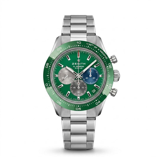 Zenith Chronomaster Sport stainless steel chronograph watch with green dial and bezel, tri-color subdials, date display and steel bracelet.
