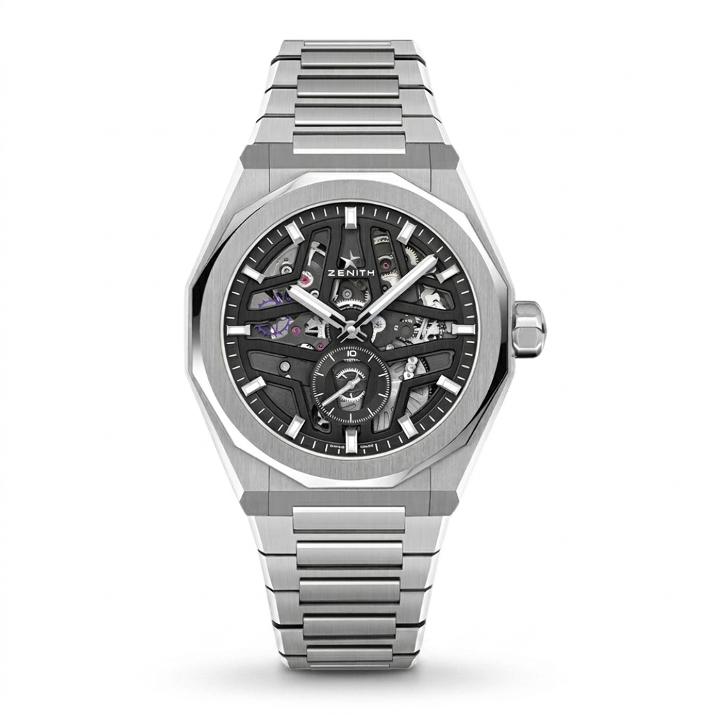  Zenith Defy Skyline stainless steel skeleton watch with openworked black dial, luminous hour markers, small seconds display and integrated steel bracelet.