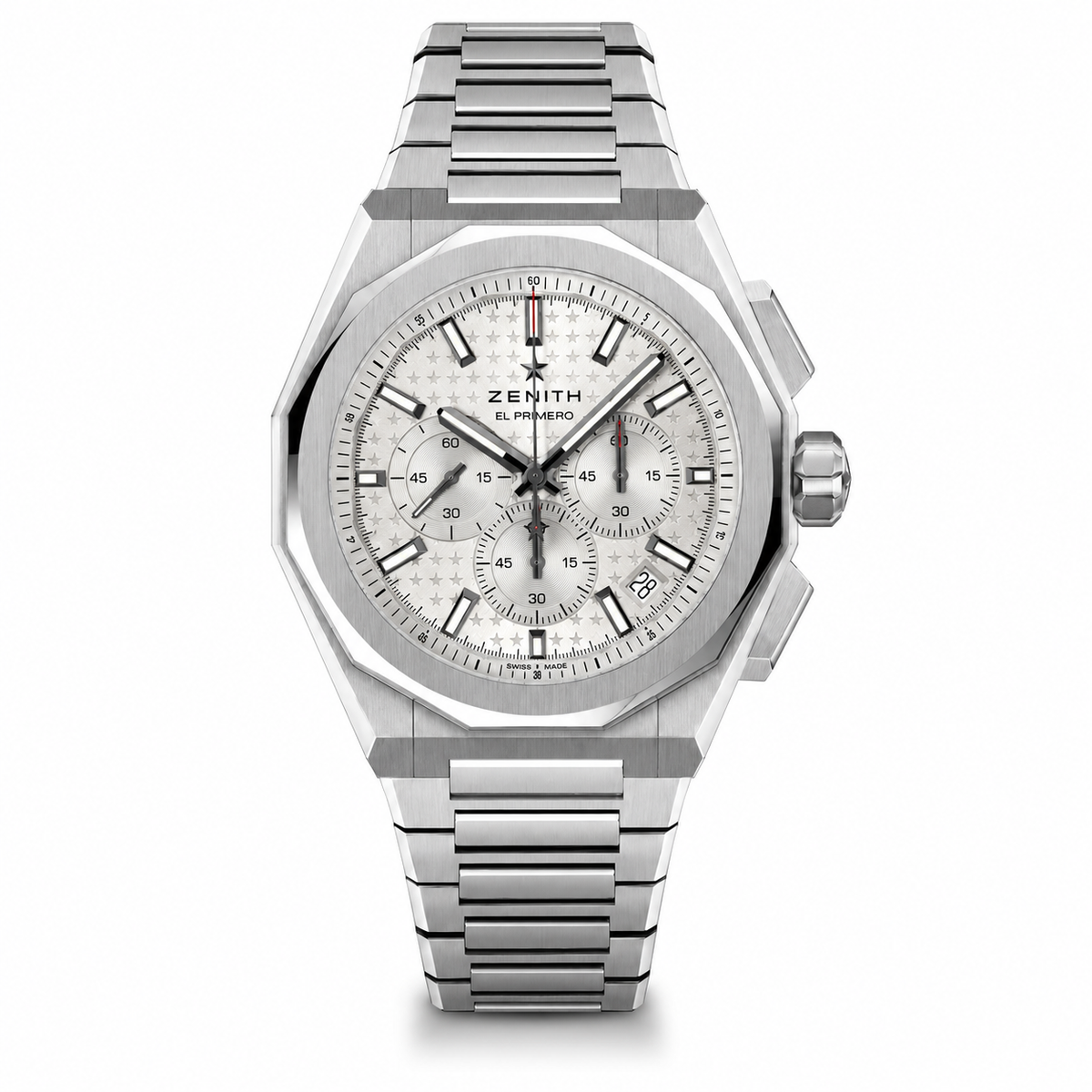 Zenith Defy Skyline Chronograph stainless steel watch with silver patterned dial, three subdials, date display, red accents and integrated steel bracelet.