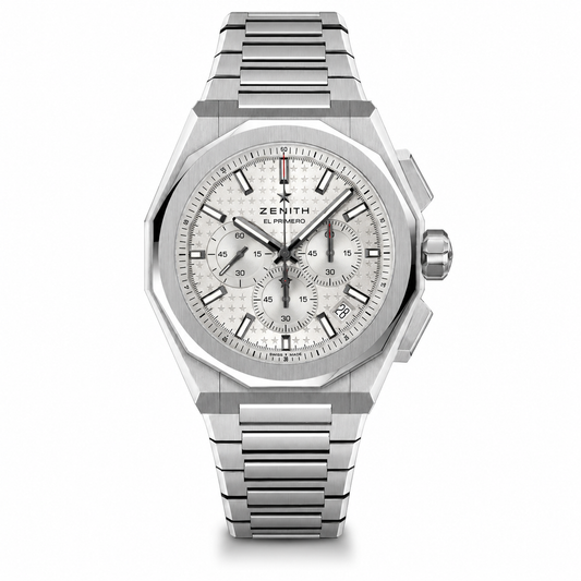 Zenith Defy Skyline Chronograph stainless steel watch with silver patterned dial, three subdials, date display, red accents and integrated steel bracelet.