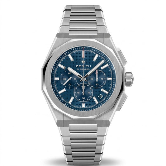 Zenith Defy Skyline Chronograph stainless steel watch with blue patterned dial, three subdials, date display and integrated steel bracelet.and hands.