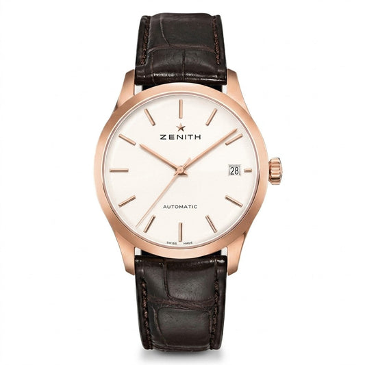 Zenith Heritage Port Royal rose gold automatic watch with silver dial, baton hour markers, date display and dark brown leather strap.