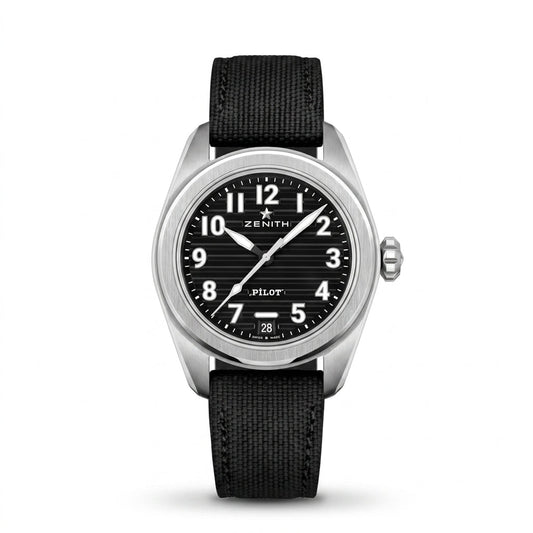 Zenith Pilot stainless steel automatic watch with black dial, bold white Arabic numerals, date display and black textile strap.