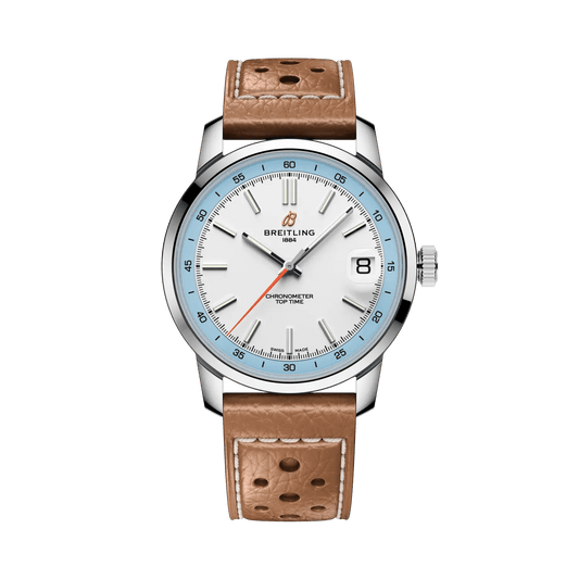 BREITLING Top Time B31, Stainless Steel case, White & Blue dial, Beige leather strap