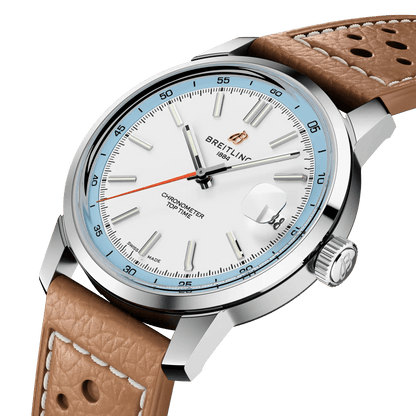 BREITLING Top Time B31, Stainless Steel case, White & Blue dial, Beige leather strap