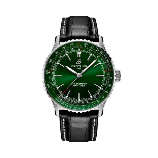  Breitling Navitimer luxury watch featuring a rich green dial with silver-tone hands and hour markers, stainless steel case, signature slide rule bezel, and black leather strap with contrast white stitching.
