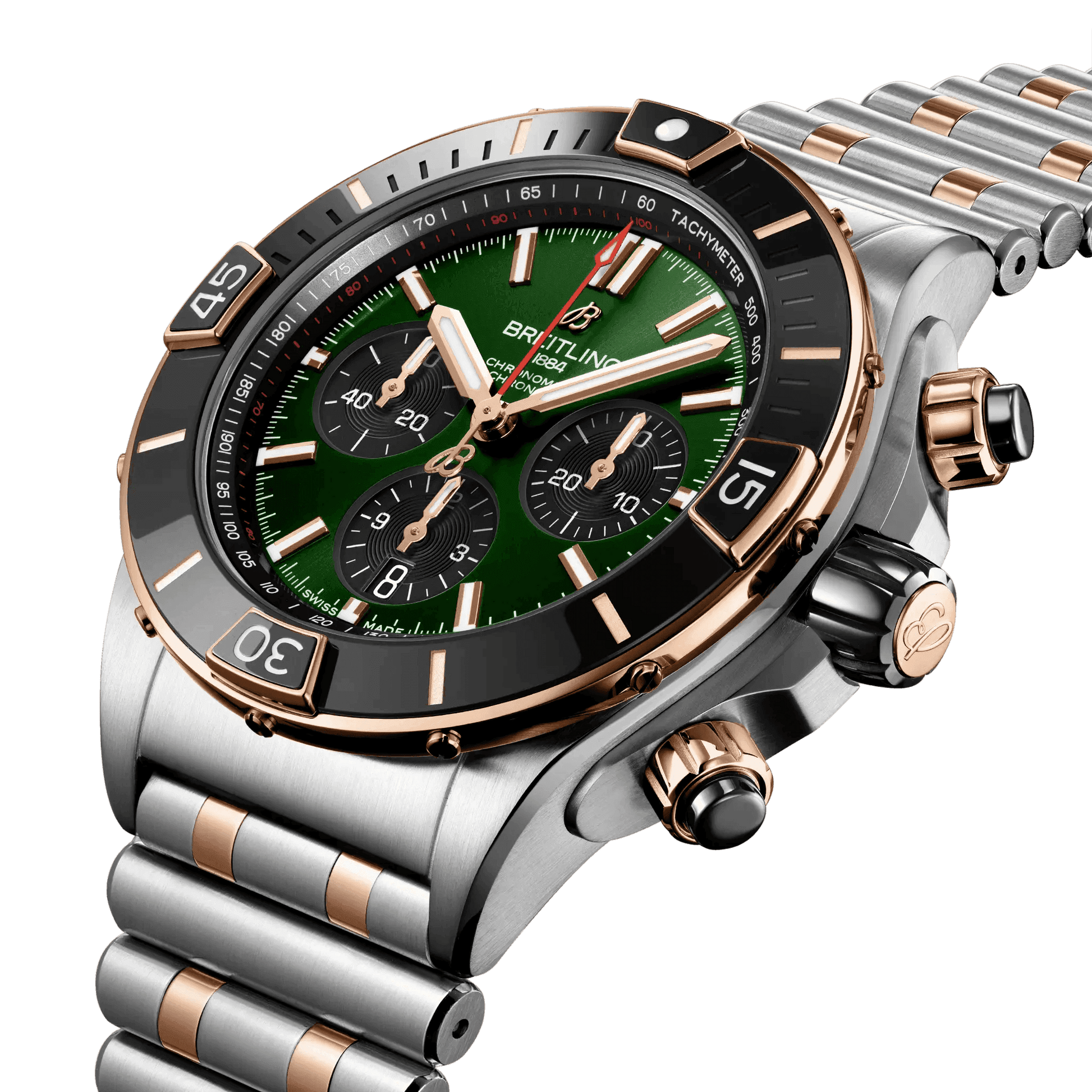 BREITLING Super Chronomat B01 44mm, Stainless Steel & Red Gold, Green dial - Classic Kaf
